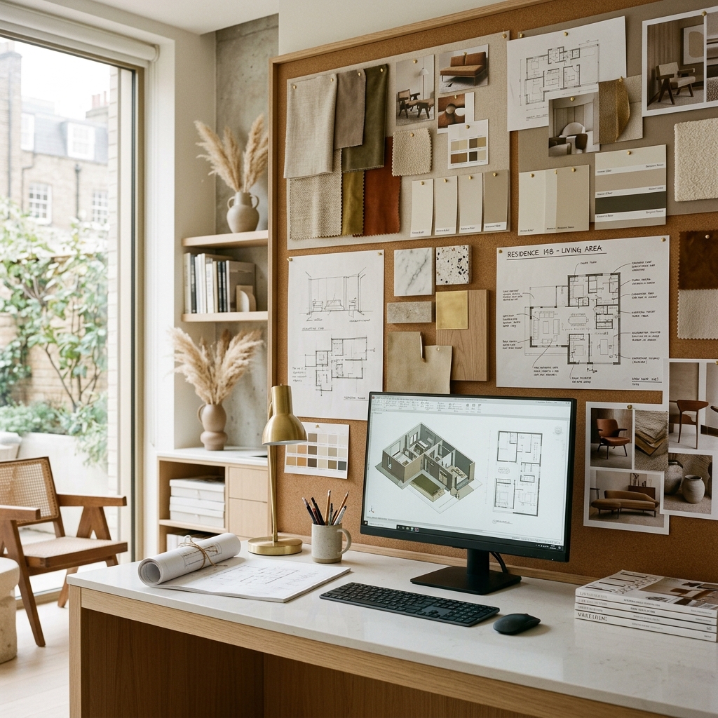 Sharer Studios design workspace with material swatches and architectural drawings