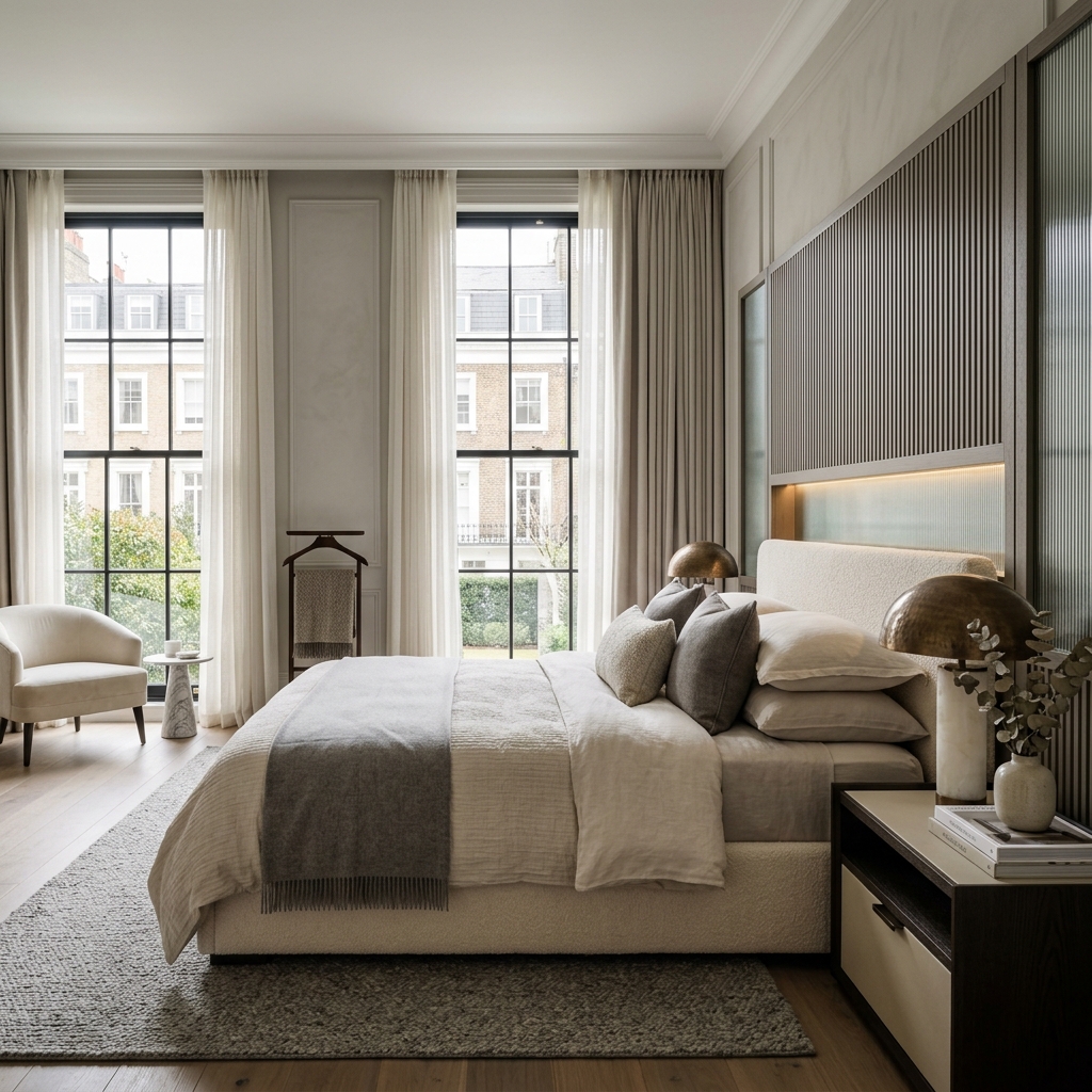 Notting Hill bedroom suite with bespoke joinery headboard and layered textiles