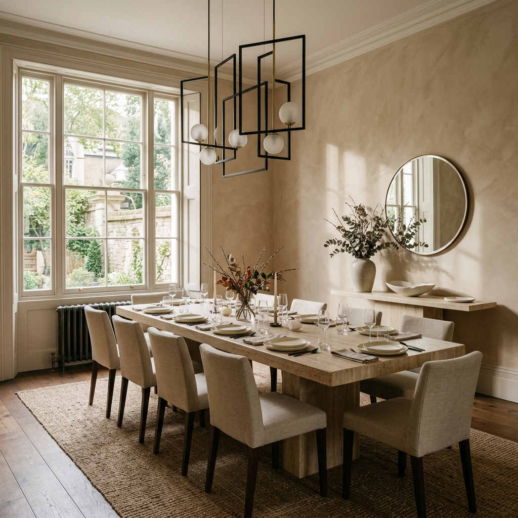 Belgravia dining room with travertine table and sculptural pendant light