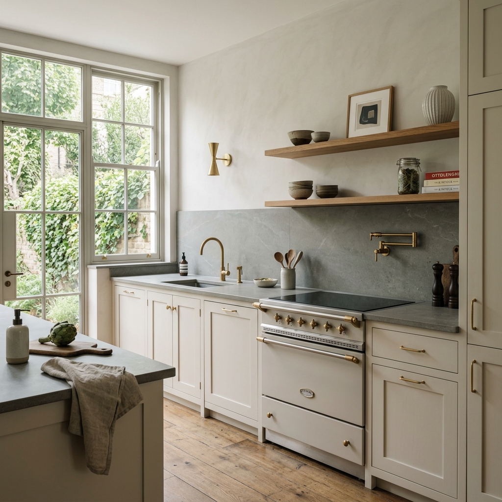 Kensington kitchen with shaker cabinetry, soapstone counters and brass fixtures