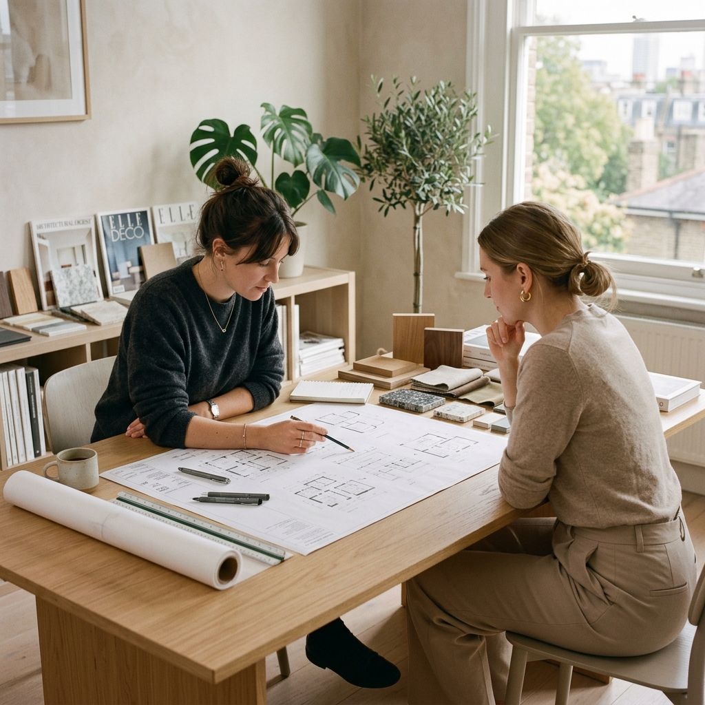 Sharer Studios designers at work reviewing plans