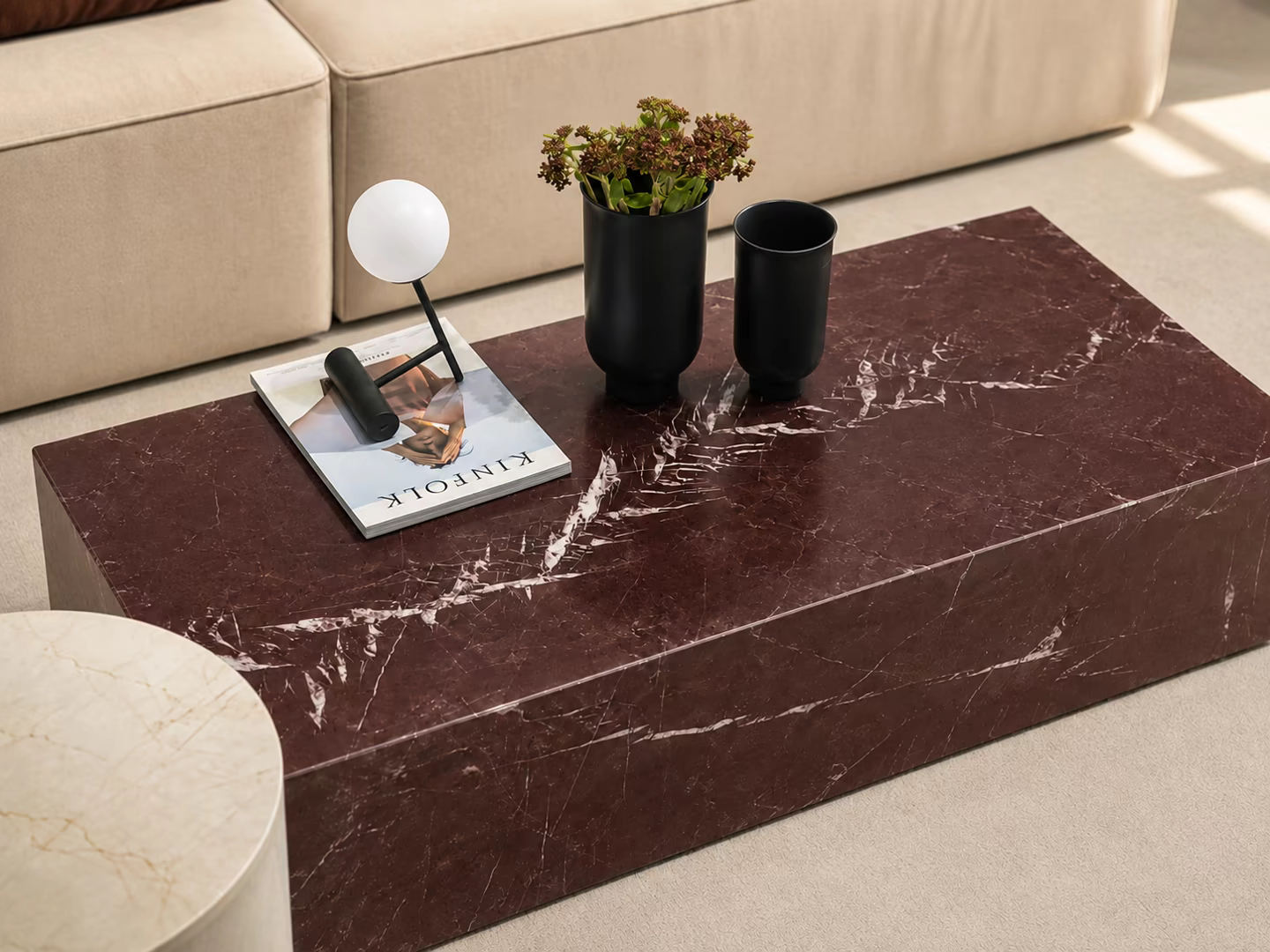 Bespoke burgundy marble coffee table in a contemporary interior